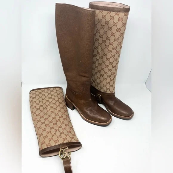 Gucci Lola GG Riding Boots Brown Knee High Supreme Block Heel EU 37.5 US 7.5 - Picture 7 of 9